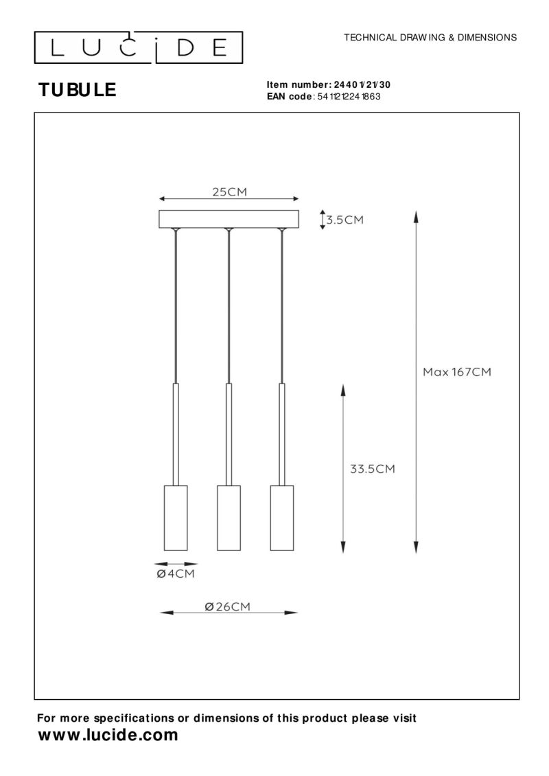 Lucide TUBULE - Závesné svietidlo - Ø 26 cm - LED - 3x7W 2700K - Čierna